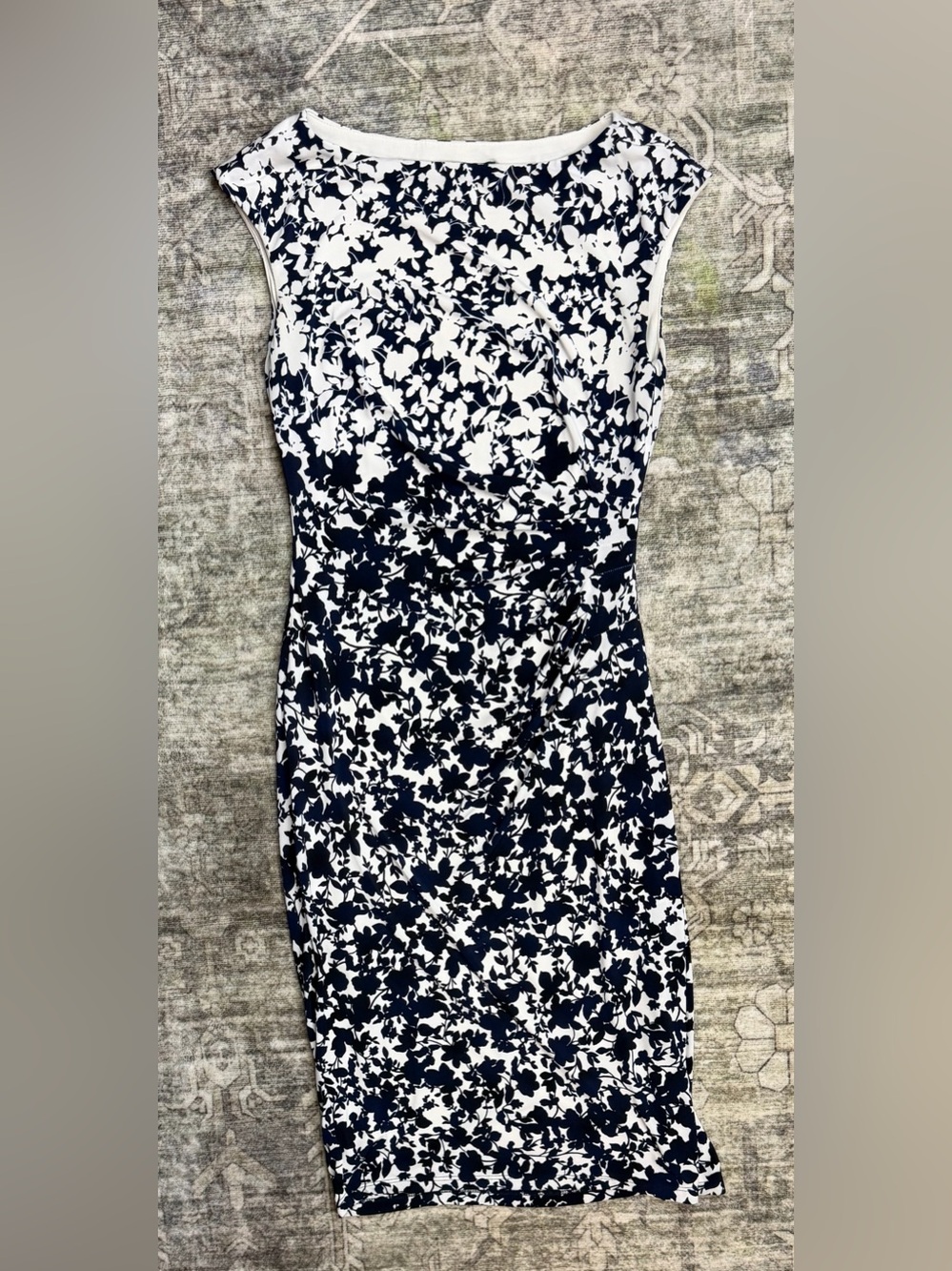 Lauren Ralph Lauren Navy Blue White Floral Sleeveless Ruched Sheath Dress Sz 0